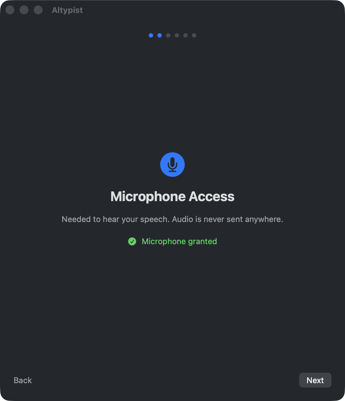 Altypist setup, step two: Microphone Access, with a green line reading “Microphone granted”.