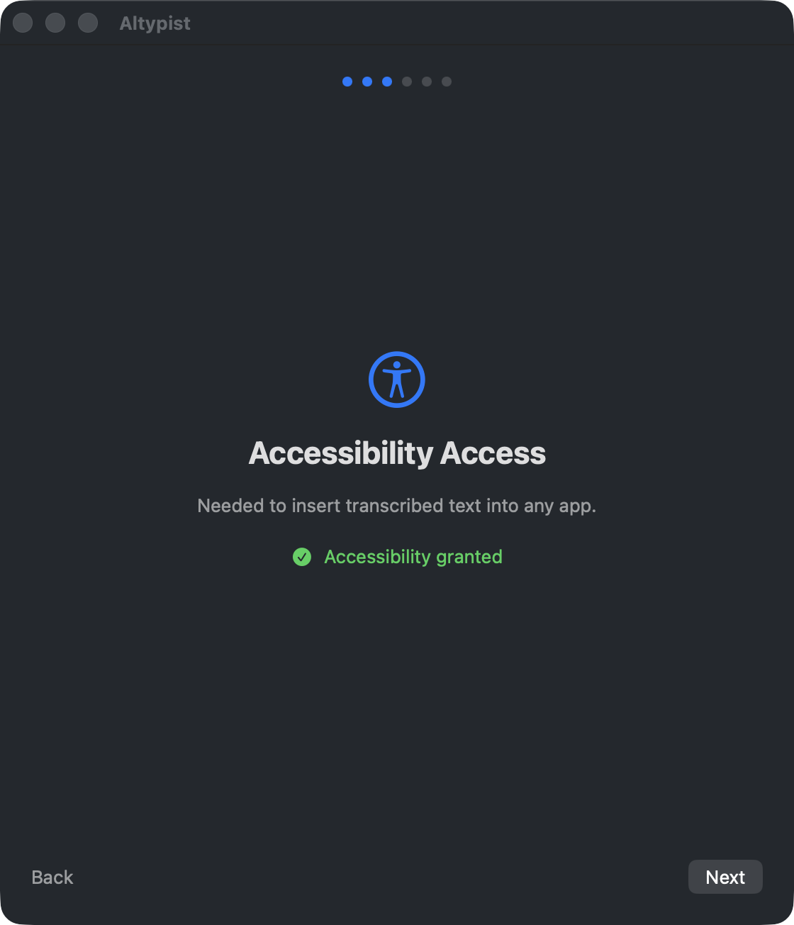 Altypist setup, step three: Accessibility Access, with a green line reading “Accessibility granted”.